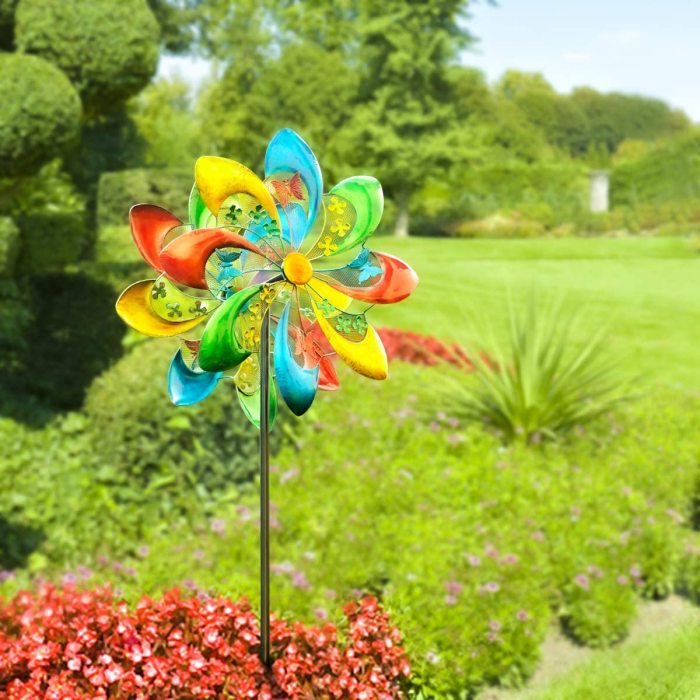 Wind Spinner Outdoor Metal Yard Spinner, 24  Diameter 71  Height Garden Spinner with 8 Colorful flower Blades, Dual Rotors Wind Sculpture for Outdoor, Patio, Yard Art, Garden Decoration