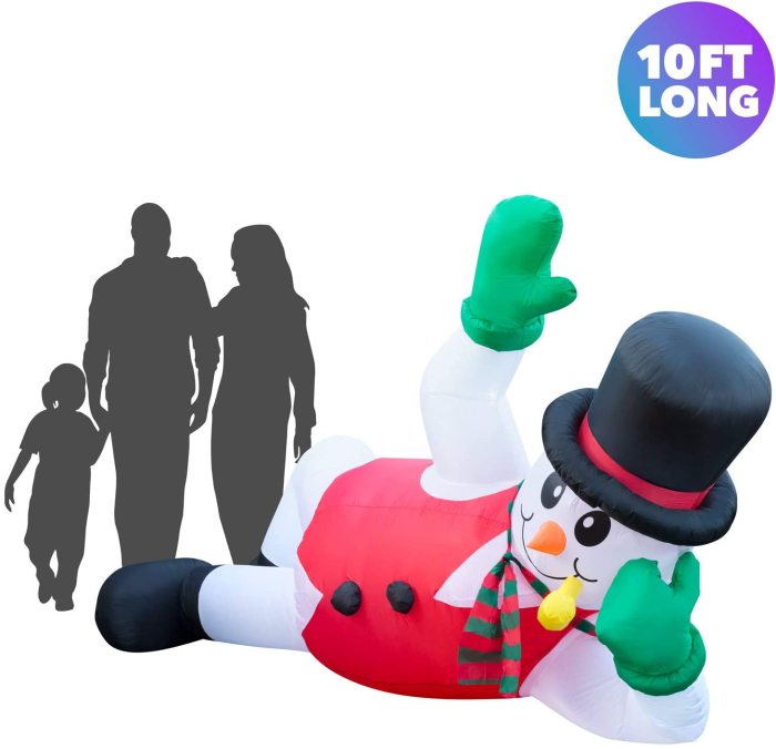 10 ft Christmas Inflatable Lounging Snowman Yard Decoration - 10 ft Long Lawn Decoration, Bright Internal Lights, Built-in Fan, and Included Stakes and Ropes