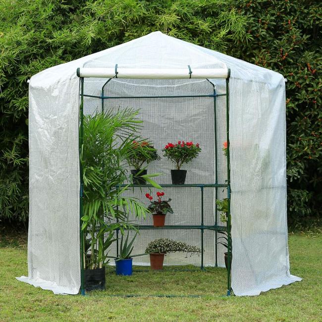 6.4'x6.4'x7.3' Portable Hexagonal Greenhouse w/ 3-Tier Shelf, White