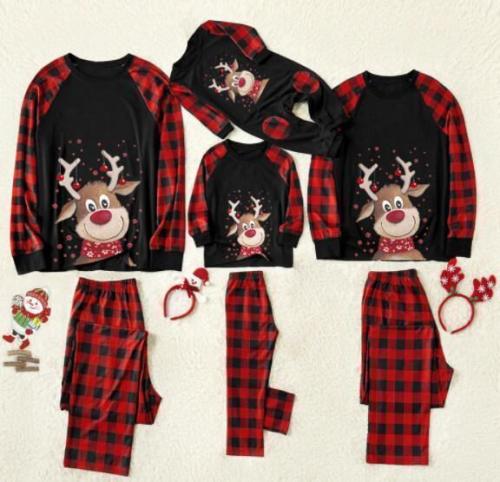 Plus Size Christmas Deer Print Buffalo Plaid Family Matching Pajamas Sets