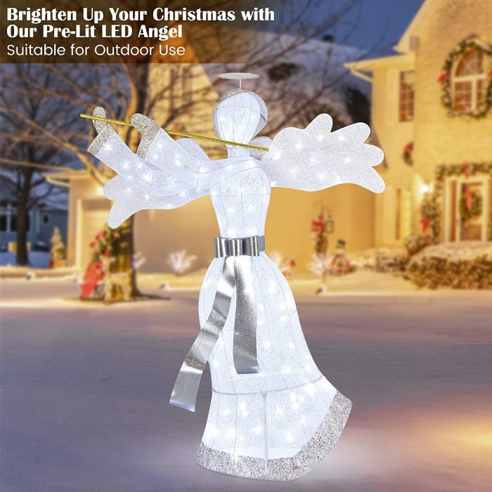 Christmas Outdoor Lighted Angel, Pre-Lit Yard Christmas Decoration, Artificial Christmas Decor w/ 100 LED Lights 4 Ground Stakes & 10 Zip Ties Indoor & Outdoor Xmas Holiday Decoration