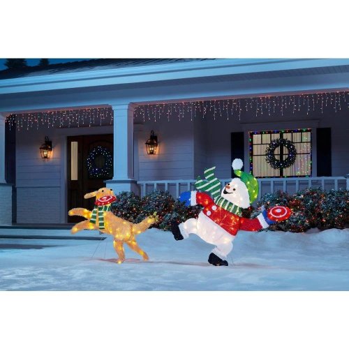 LED Snowman and Retriever Flying Disc Yard Sculpture