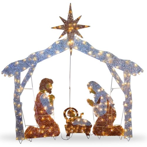 lit Artificial Christmas Decor Includes Pre-Strung Mini White LED Lights and Ground Stakes Crystal Holy Family Nativity-4.5 ft