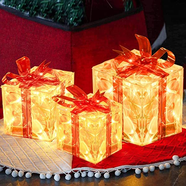 Set of 3 Christmas 60 LED Lighted Gift Boxes, Transparent Warm White Lighted Christmas Box Decrations, Presents Boxs with Red Bows for Christams Tree, Yard, Home, Christams Decorations