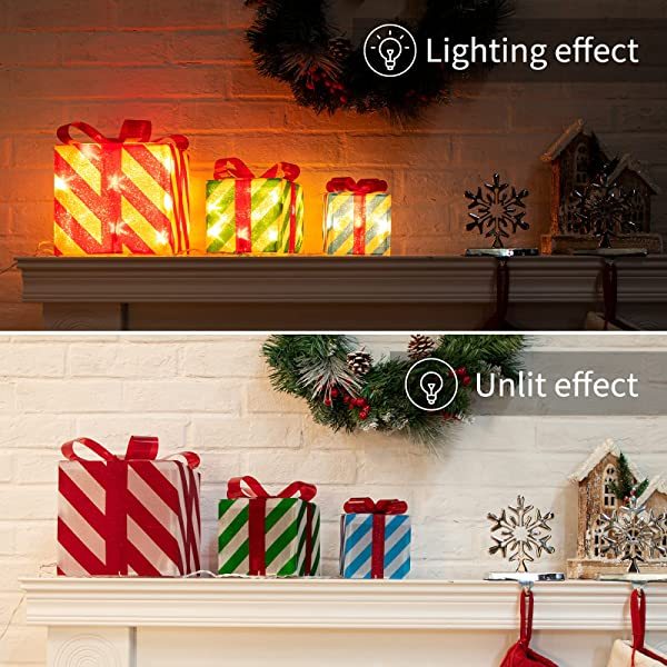 Lighted Gift Boxes Christmas Decoration, Set of 3 Piece Present Ornament Boxes with Pre-lit Mini Bulb, Light Up Gift Box for Indoor Outdoor Xmas Tree Party Holiday Decor