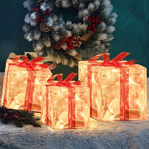 Set of 3 Christmas 60 LED Lighted Gift Boxes, Transparent Warm White Lighted Christmas Box Decrations, Presents Boxs with Red Bows for Christams Tree, Yard, Home, Christams Decorations