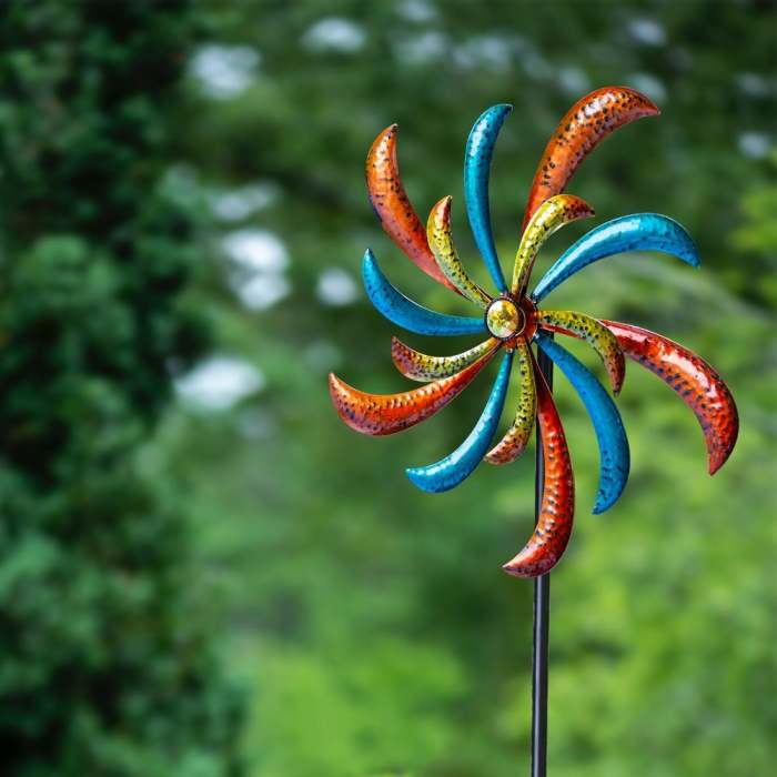 63  Tall Outdoor Curved Blade Windmill Stake Kinetic Spinner, Multicolor