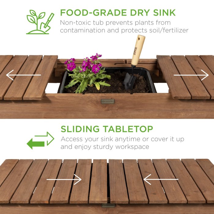 Pre-Stained Wood Garden Potting Bench w/ Sliding Tabletop, Dry Sink, Wheels