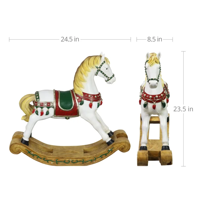Hand Painted LED Christmas Rocking Horse Statue on a Battery Powered Timer, 23.5 Inches