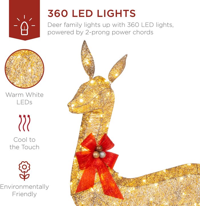 3-Piece Lighted Christmas Deer Family Set Outdoor Yard Decoration with 360 LED Lights, Stakes, Zip Ties - Gold