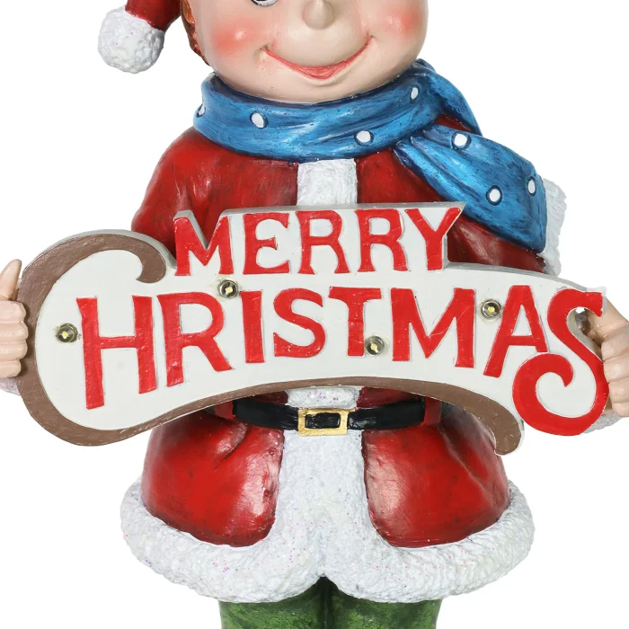Hand Painted Holiday Elf with LED Merry Christmas Sign Statuary on a Battery Powered Timer, 14.5 Inches