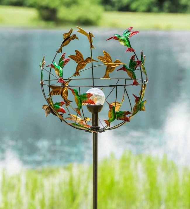 Metal Hummingbird Wind Spinner with Color-Changing Solar Orb