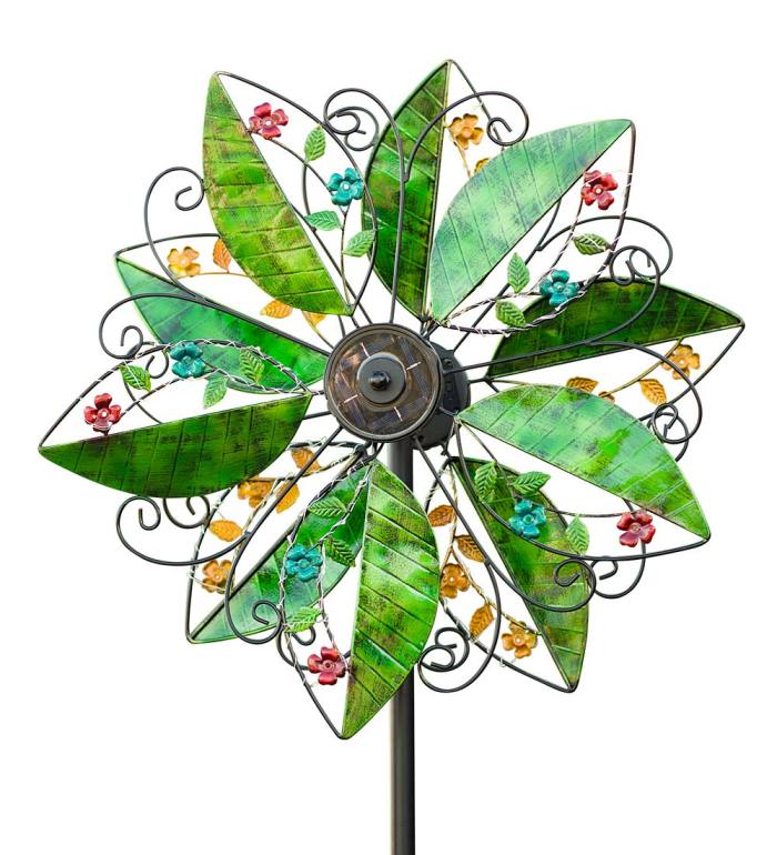 Metal Leaf and Flower Wind Spinner with Solar Lights