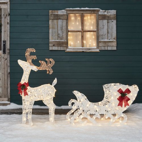 White Cotton Glitter Stag Reindeer & Sleigh Light Up Outdoor Figure
