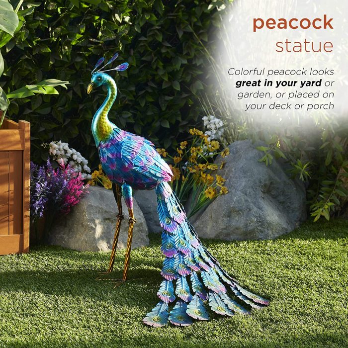 Metallic Peacock Statue Outdoor Garden, Patio, Deck, Porch-Yard Art Decoration, 28-Inch Tall, Multicolor
