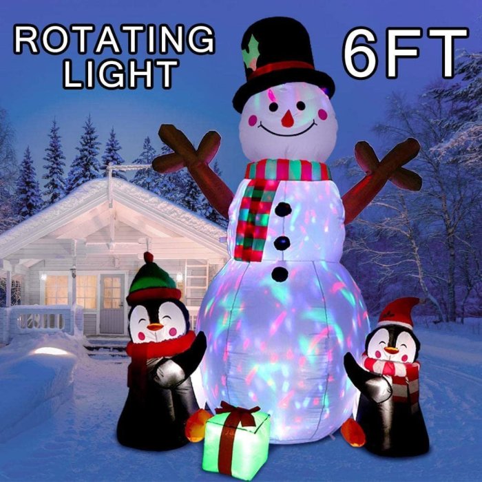 6ft Christmas Inflatables Christmas Decorations Outdoor, Inflatable Snowman Penguin Blow Up Yard Decorations with Rotating LED Lights for Indoor Outdoor