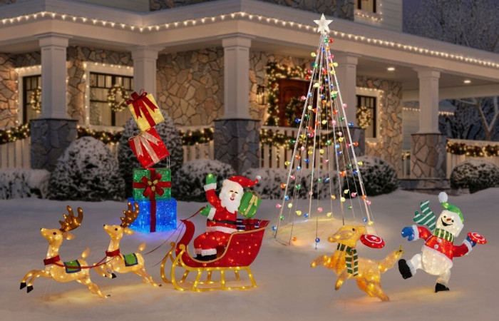 8.5 ft Yuletide Lane Giant-Sized LED Santa's Sleigh with Two Reindeers Yard Sculpture