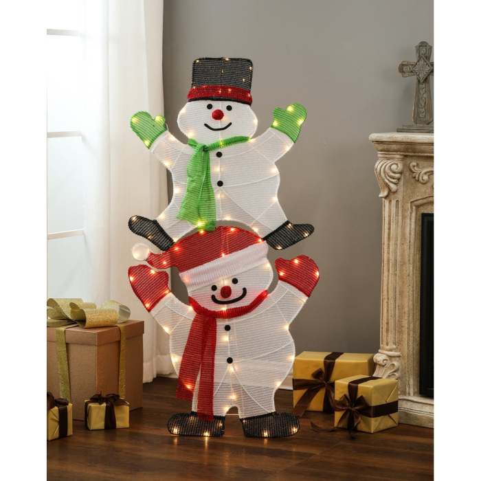 Lighted Stacked Snowman Yard Decoration - Green/Red/White - 50  H x 25  W x 2  D