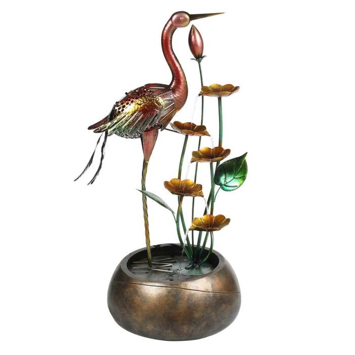 Metal Crane and Flowers Outdoor Resin Fountain with Solar Light