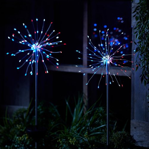 Set of 2 Red, White & Blue Solar Powered Micro LED Firework Starburst Outdoor Waterproof Garden Pathway Landscape Lights