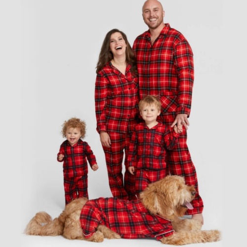 Plus Size Christmas red checked printed shirt parent-child suit