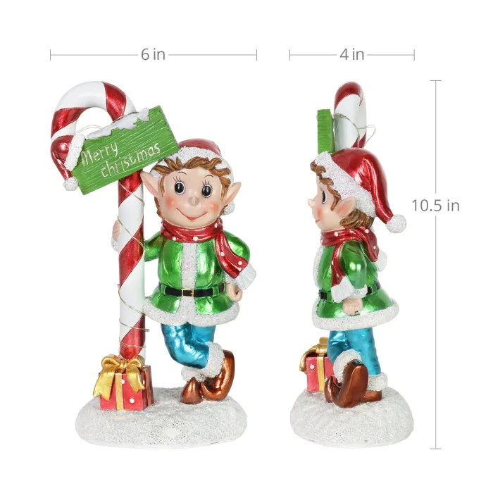 Hand Painted LED Candy Cane Elf Statuary with Merry Christmas Sign on a Battery Powered Timer, 10.5 Inches