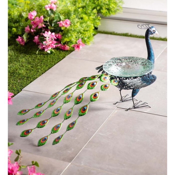 Vibrant Metal Peacock Birdbath
