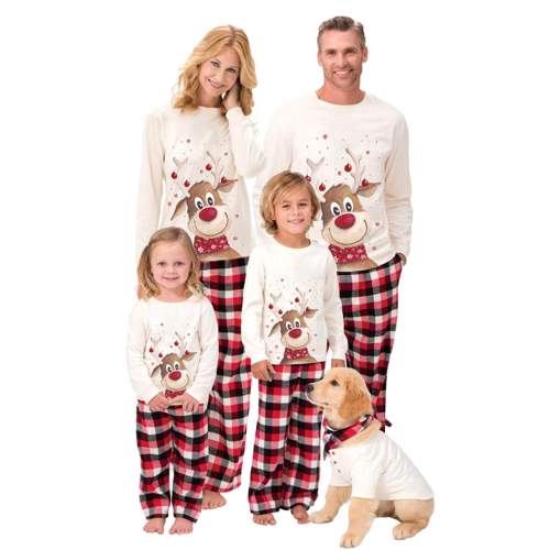 Plus Size Long/Short Sleeve Cute Deer Print Plaid Matching Pajamas Set for Family