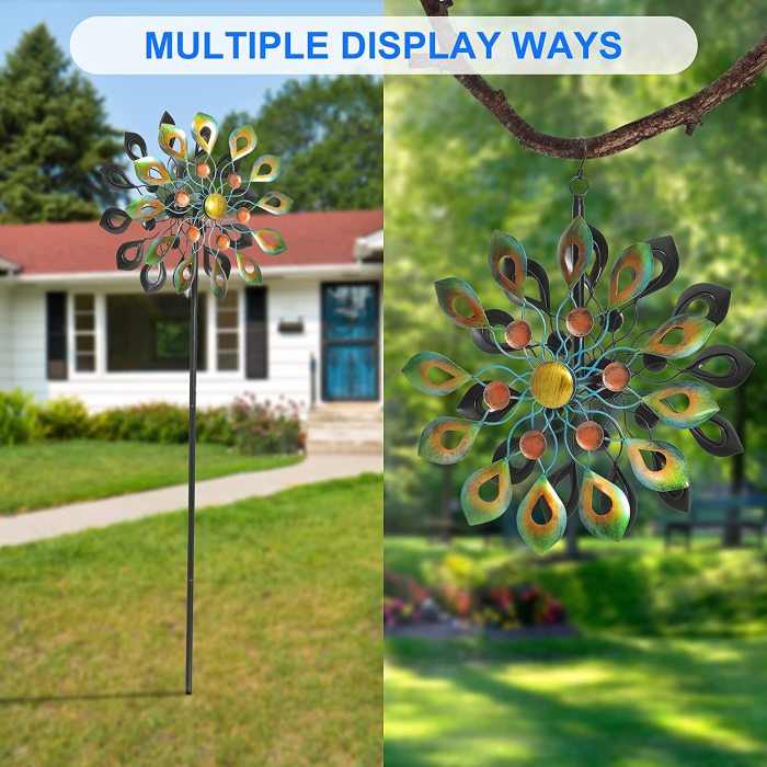 Kinetic Wind Spinner with Garden Stake, Metal Windmill-Kinetic Garden Decoration, 360 Swivel Peacock Outdoor Wind Sculpture Spinners, 63 Inch Dual Direction Wind Catcher for Yard Idea