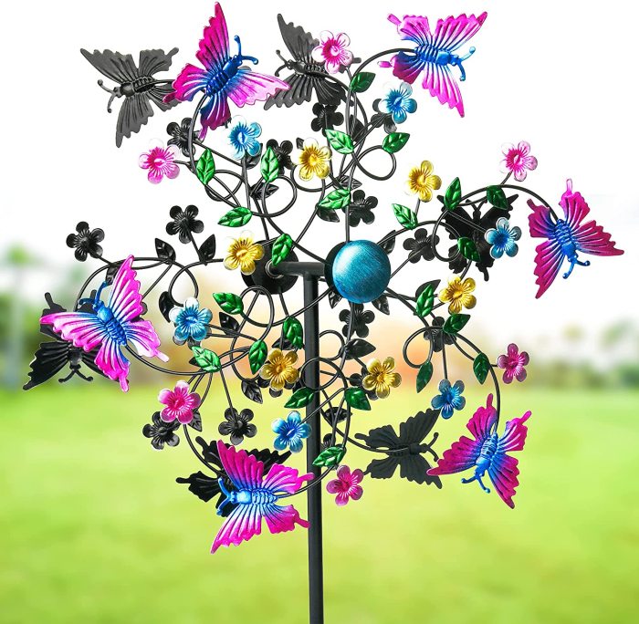 Ironic Wind Spinners with Willow Butterfly Including Colorful Metal Petals-Enhance Decoration of Yard and Gardens- Dual-Direction 60 Inches Height Spinner - Decor with Statues and Sculptures