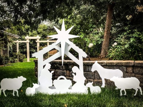 Large Outdoor Nativity Scene Yard Display Set | Front Lawn Sign Manger Christmas Decorations | 46 x 34 x 15  | Includes Additional 5 Characters and Stakes