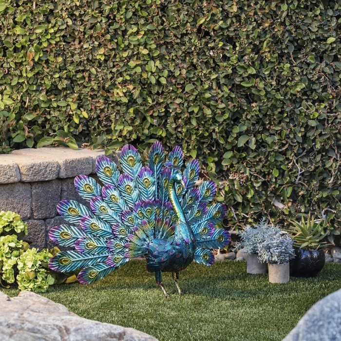 Metal Peacock Outdoor Statue, 32  L x 12  W x 23  H, Multi-Color