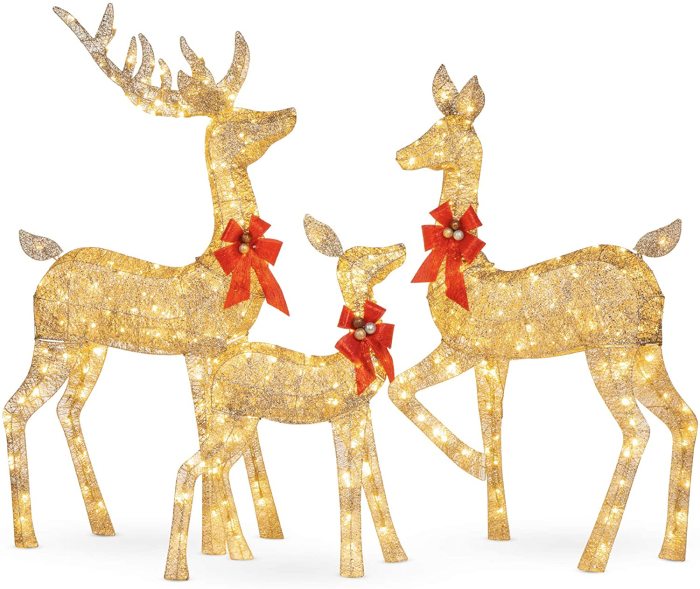 Christmas reindeer 3-Piece,with 360 LED Lights, Stakes, Zip Ties - Gold