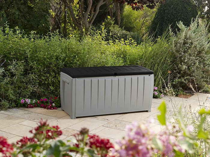 90 Gallon Resin Deck Box-Organization and Storage for Patio Furniture Outdoor Cushions, Throw Pillows, Garden Tools and Pool Toys, Grey/Black