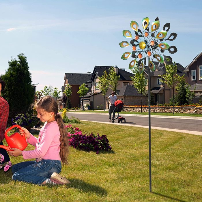 Kinetic Wind Spinner with Garden Stake, Metal Windmill-Kinetic Garden Decoration, 360 Swivel Peacock Outdoor Wind Sculpture Spinners, 63 Inch Dual Direction Wind Catcher for Yard Idea