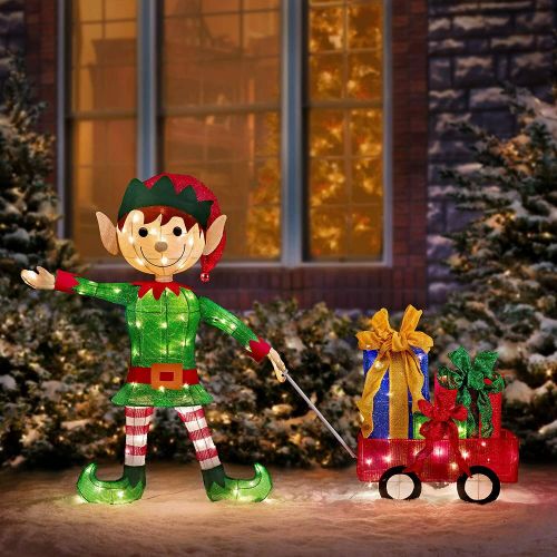 42-inch Elf Pulling Wagon Lighted Christmas Yard Decor 100 Warm White lights