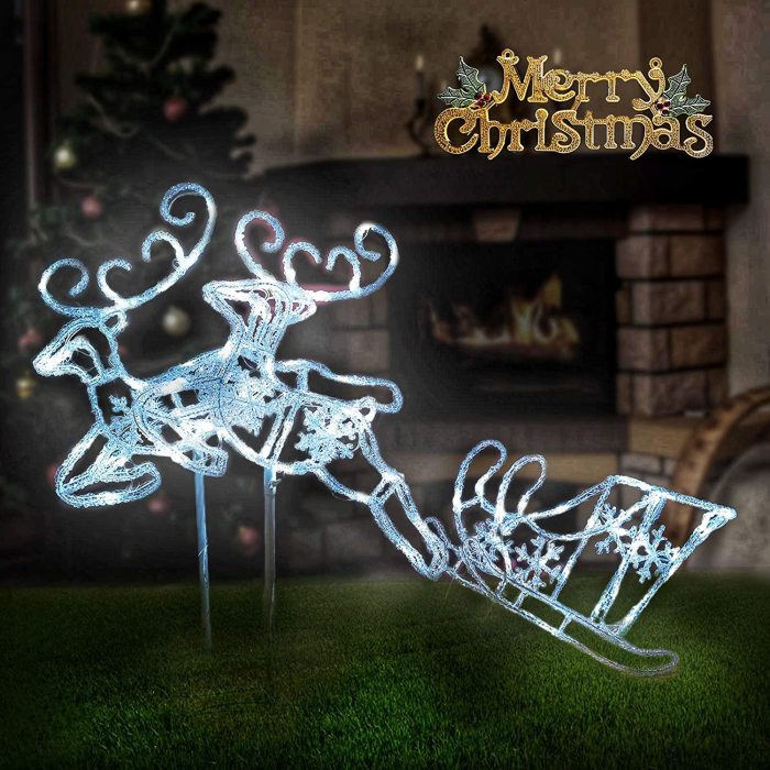 Christmas Double Reindeer and Sleigh Lawn Ornament, Waterproof LED Lights Indoor Outdoor, Yard, Christmas Holiday Lawn Decorations (White)