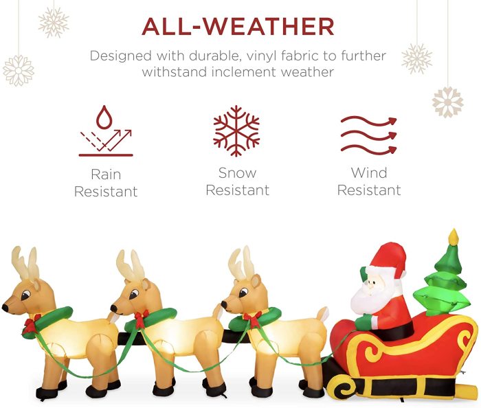 9ft Lighted Inflatable Christmas Decoration Santa Claus Sleigh & Reindeer Indoor Outdoor for Yard, Garden, Driveway, Large Room w/Heavy-Duty Stakes, Electric Fan Blower