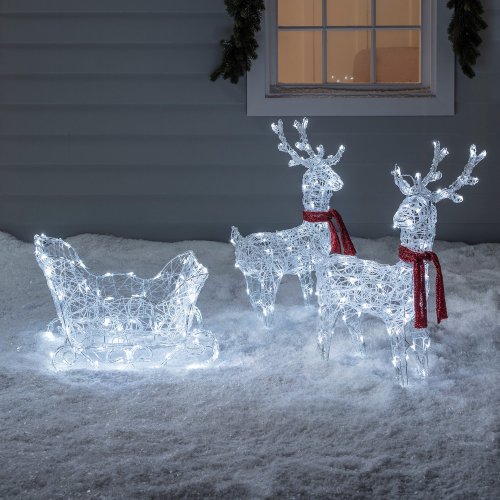 Acrylic Glitter Reindeer & Sleigh Light Up Outdoor Figure