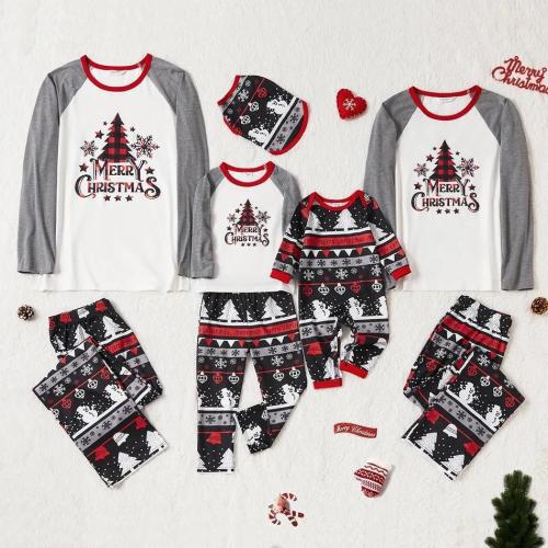 Christmas Tree Snowflake and Letters Print Grey Family Matching Long-sleeve Pajamas Sets (Flame Resistant)
