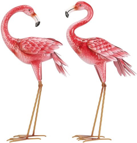 Flamingo Garden Statues and Sculptures, Metal Birds Yard Art Outdoor Statue, Large Pink Flamingo Lawn Ornaments for Home, Patio
