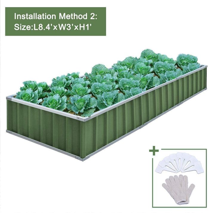 01 x 36 x 12  4 Installation Methods for DIY Raised Garden Bed Galvanized Steel Metal Planter Kit Box Grey W/ 8pcs T-Types Tag & 2 Pairs of Gloves (Green)