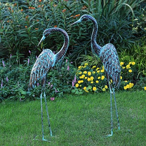 Garden Crane Statues, Standing Metal Patina Heron Decoy Outdoor Statue Large Size Bird Yard Art for Patio Lawn Pond, Set of 2