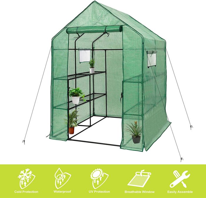 Deluxe Green House 56  W x 56  D x 77  H,Walk in Outdoor Plant Gardening Greenhouse 2 Tiers 8 Shelves - Window and Anchors Include!(Green)