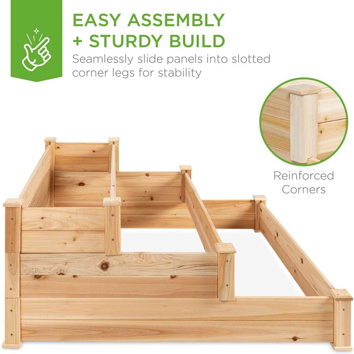 3-Tier Fir Wood Raised Garden Bed Planter Kit for Plants, Herbs, Vegetables, Outdoor Gardening w/Stackable & Flat Arrangement, Easy Assembly