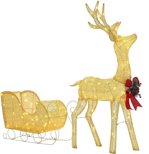 Lighted Outdoor Christmas Decoration for Yard, 2-Piece Reindeer and Sleigh Set Holiday Decor with Lights, Ground Stakes and Zip Ties, Gold