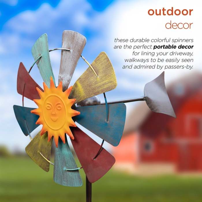71  Sun Face Windmill Stake Kinetic Spinner Outdoor Yard Art Décor, Red, White, Yellow and Blue