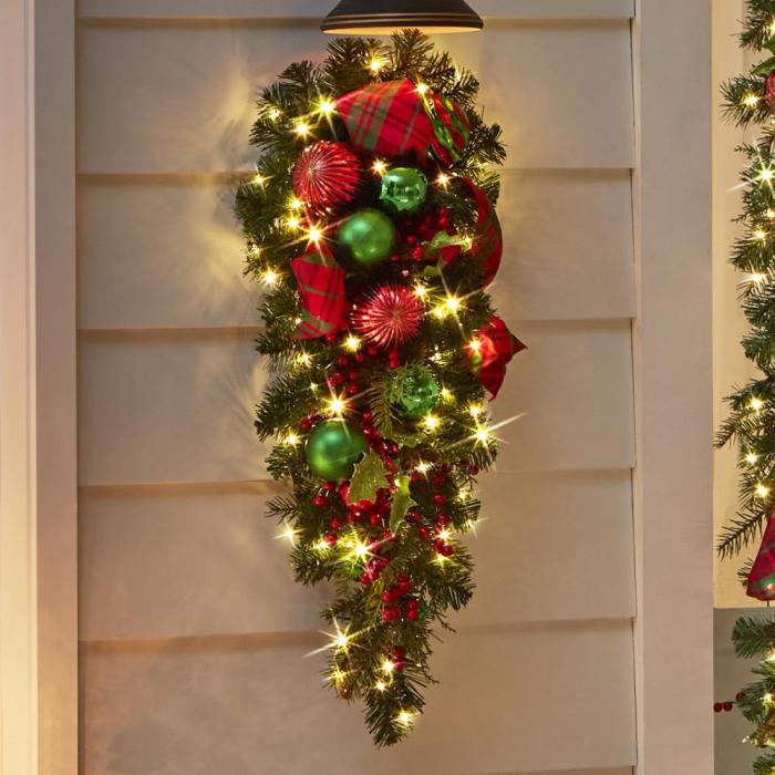 The Cordless Prelit Christmas Plaid Holiday Trim (Teardrop Sconce)