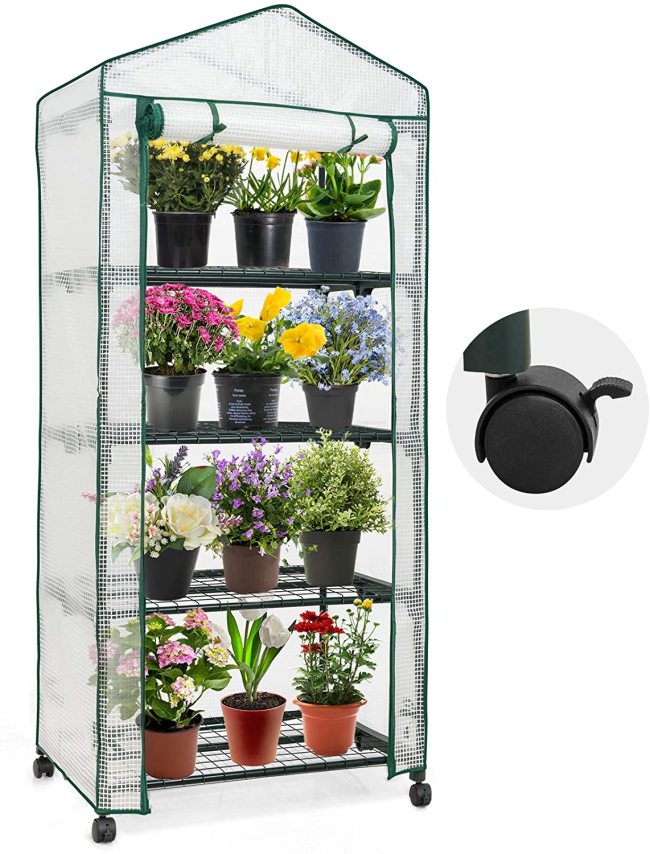 28'' x 19'' x 67'' Mini Rolling Greenhouse w/ Caster Wheels, 4-Tier Portable Rack Shelves Gardening Plant Green House for Outdoor & Indoor with Roll-Up Zipper Door, White