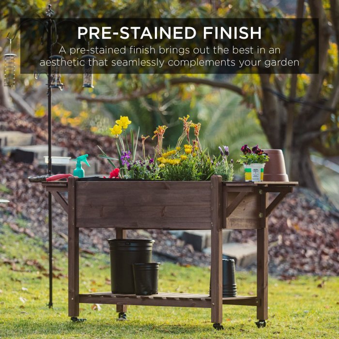 Pre-Stained Mobile Raised Garden Bed Elevated Wood Planter Stand 57x20x33in